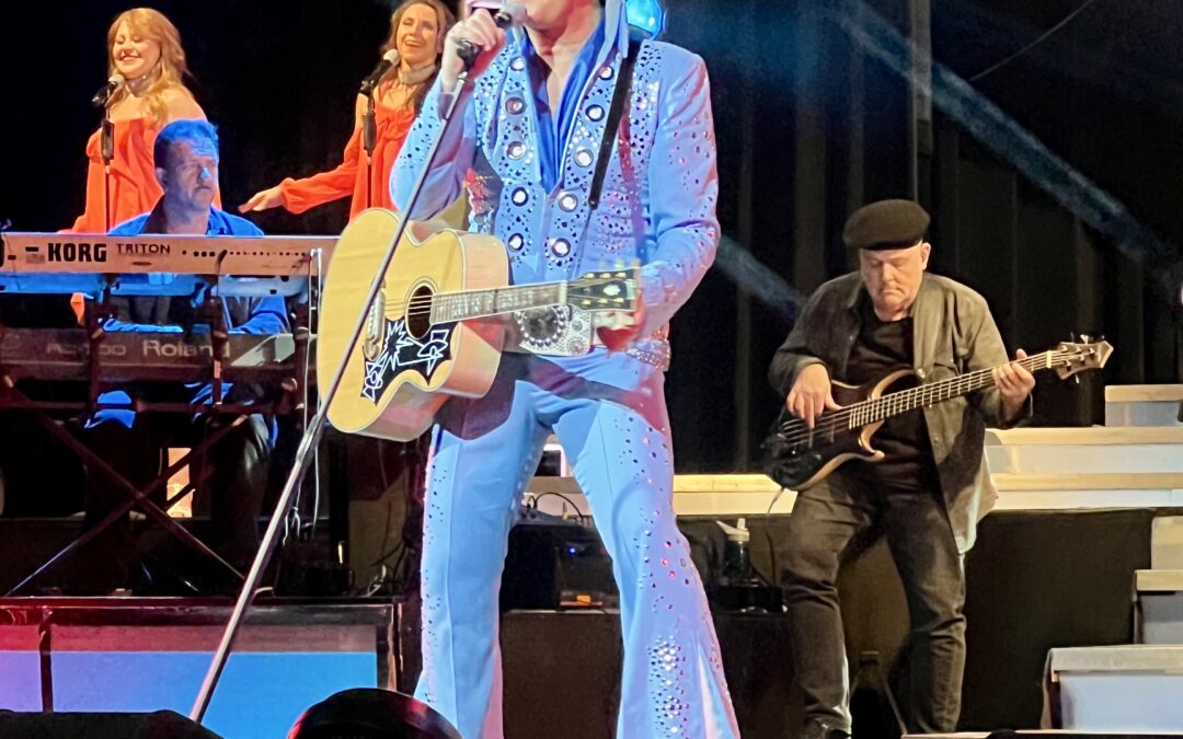 Elvis in his blue jumpsuit on stage at the Legends in Concert Branson, MO.