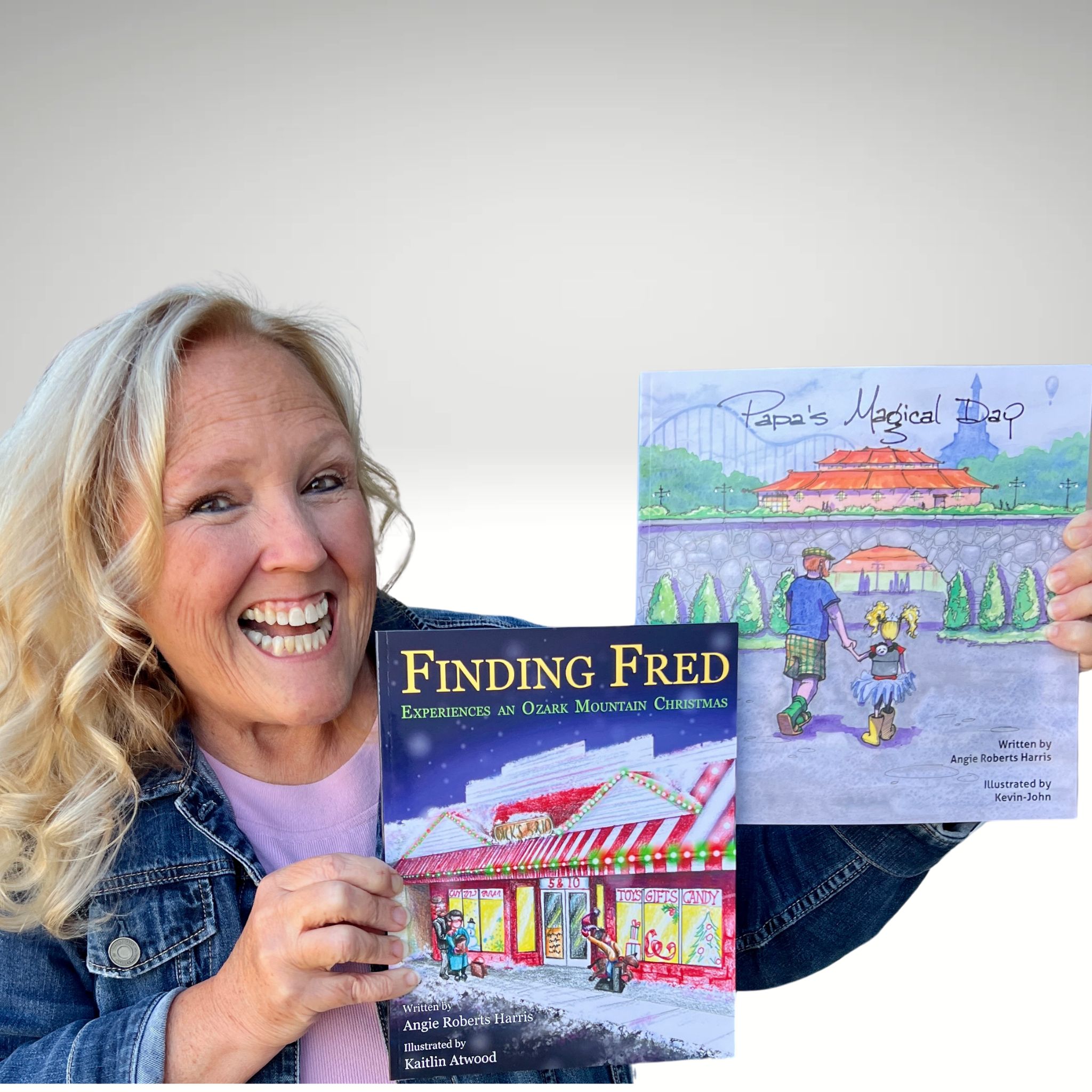 Childrens book author holding two books